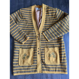 Vintage HuanDong Striped Grandma Cardigan Sweater Size L Yellow Gray